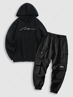 Script Graphic Embroidered Fleece-lined Hoodie and Cargo Jogger Techwear Pants Set Black