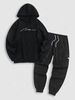 Script Graphic Embroidered Fleece-lined Hoodie and Flap Pocket Drawstring Techwear Cargo Pants Set Black