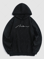 Script Graphic Embroidered Fleece-lined Pullover Hoodie Xl Black