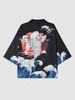 Sea Wave and Koi Fish Pattern Open Front Kimono Xxl Black