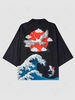 Sea Wave and Sun Print Chinese Style Casual Kimono Xxl Black
