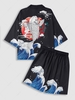 Sea Wave Koi Fish Kimono And Chinese Characters Shorts Two Piece Set Black