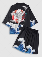 Sea Wave Koi Fish Kimono And Chinese Characters Shorts Two Piece Set Black