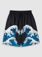 Sea Wave Print Drawstring Beach Shorts L Black