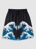 Sea Wave Print Drawstring Beach Shorts M Black