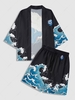 Sea Wave Printed Kimono Cardigan and Drawstring Shorts Set Black