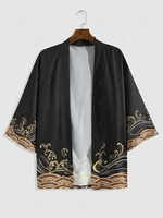 Sea Wave Printed Vacation Kimono Cardigan M Black