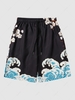 Sea Waves and Flower Print Casual Drawstring Shorts L Black