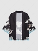Sea Waves and Flower Print Chinese Style Loose Kimono L Black