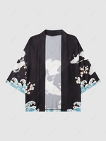 Sea Waves and Flower Print Chinese Style Loose Kimono M Black