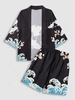 Sea Waves and Flower Print Kimono With Shorts Two Piece Set Multi a