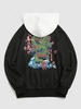 Sea Waves Dragon Floral Print Fleece-lined Colorblock Streetwear Graphic Hoodie 2xl Black
