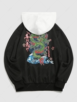Sea Waves Dragon Floral Print Fleece-lined Colorblock Streetwear Graphic Hoodie 2xl Black