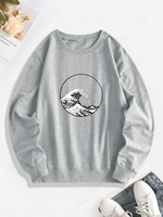 Sea Waves Print Long Sleeves Casual Sweatshirt L Gray