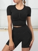 Seamless Ruched Short Sleeve Top and Sport Skinny Shorts Set L Black