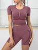 Seamless Ruched Short Sleeve Top and Sport Skinny Shorts Set L Deep red