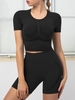 Seamless Ruched Short Sleeve Top and Sport Skinny Shorts Set S Black