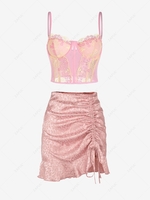 See-through Eyelash Lace Corset With Leopard Jacquard Satin Cinched Skirt Light pink