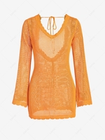 See Thru Backless Openwork Knitted Mini Dress L Orange
