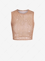 See Thru Mesh 3D Waterdrop Print Crop Tank Top S Coffee