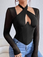 See Thru Sleeve Criss Cross Halter Underwire Corset Top M Black