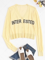 Semi-sheer Interested Letters Button Up Cardigan Yellow