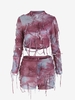 Semi-sheer Shredded Ripped Tie Dye Top and Shorts Set M Deep red
