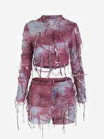Semi-sheer Shredded Ripped Tie Dye Top and Shorts Set M Deep red