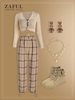 Semi Sheer Twisted Tie Cami Floss Two Tops and Plaid Toggle Drawstring Pants Set Light coffee