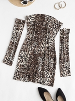 Separate Sleeve Leopard Slinky Dress L Coffee