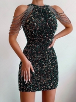Sequined Chain Beads Bodycon Party Dress L Black