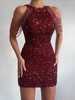 Sequined Chain Beads Bodycon Party Dress L Deep red