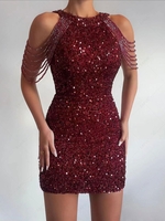 Sequined Chain Beads Bodycon Party Dress M Deep red