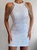 Sequined Chain Beads Bodycon Party Dress M White