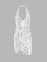 Sequined Halter Slit Ruched Dress L Silver