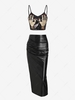 Sequined Hands Crop Camisole and Ruched PU Midi Skirt Set Black