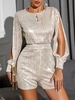 Sequined Keyhole Split Sleeve Romper M Silver