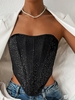 Sequined Lace Boned Detail Bandeau Corset Top L Black