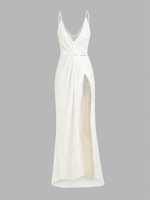 Sequined Lace Insert Maxi Party Dress S White