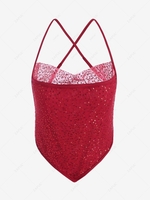 Sequined Mesh Cross Cami Napkin Top M Red