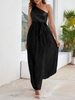 Sequined One Shoulder Belted Slit Maxi Dress L Black