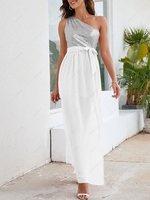 Sequined One Shoulder Belted Slit Maxi Dress L White