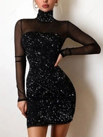 Sequins Mesh Pattern Bodycon Party Dress M Black