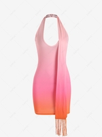 Sexy Backless Plunging Neck Halter Sash Ombre Bodycon Mini Dress S Multi a