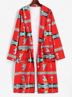 Shawl Collar Geo Pattern Longline Coat S Red