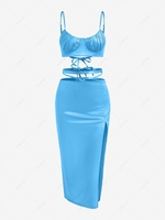 Sheeny Lace-up Bustier Top and Midriff Flossing Slit Skirt Set M Light blue