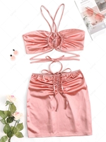 Sheeny Lace-up Crop Top and Ruched Skirt Set M Light pink