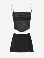 Sheeny Rhinestone Corset Top and Slit Skirt Set Black