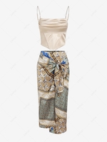 Sheeny Rhinestone Strap Draped Corset Top And Bandana Paisley Print Sarong-style Skirt Light yellow
