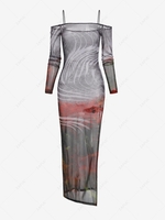 Sheer Mesh Side Slit Maxi Dress L Multi a
